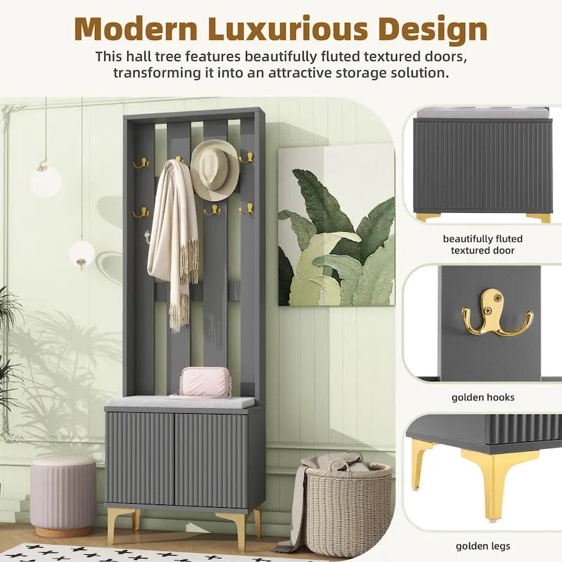 Meuble d'entrée 4 en 1 avec coussin, porte-manteau avec 8 crochets et pieds dorés, banc d'entrée avec étagères réglables et portes cannelées