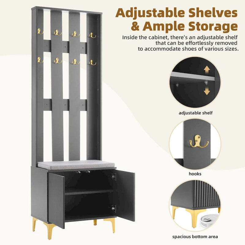 Meuble d'entrée 4 en 1 avec coussin, porte-manteau avec 8 crochets et pieds dorés, banc d'entrée avec étagères réglables et portes cannelées