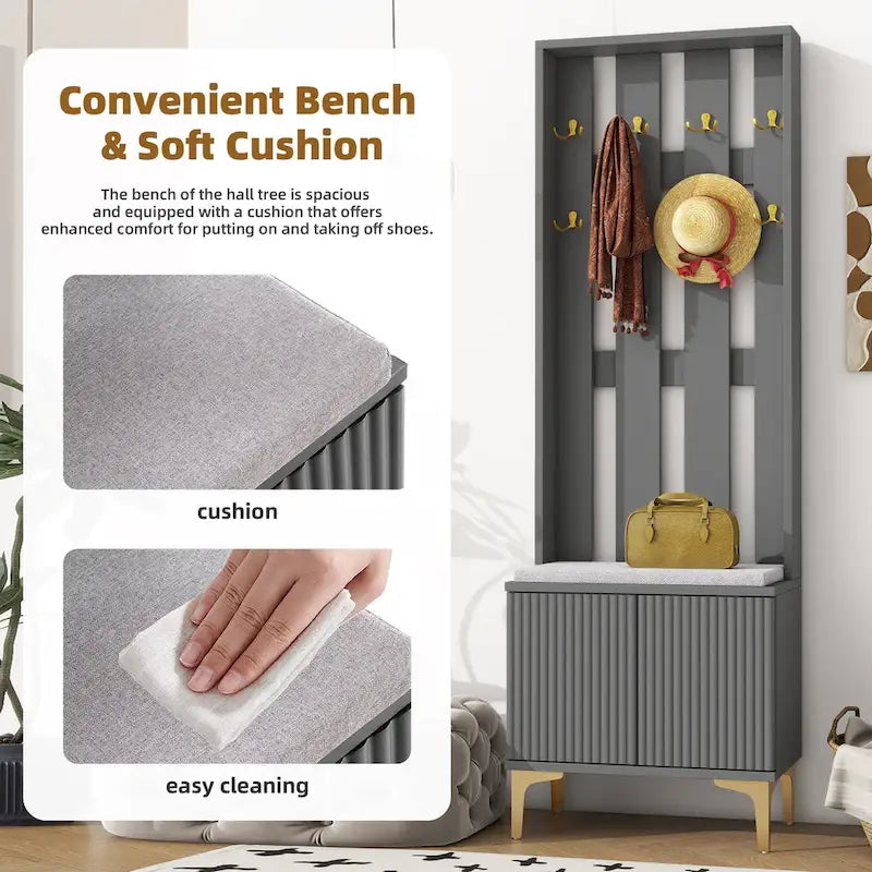 Meuble d'entrée 4 en 1 avec coussin, porte-manteau avec 8 crochets et pieds dorés, banc d'entrée avec étagères réglables et portes cannelées