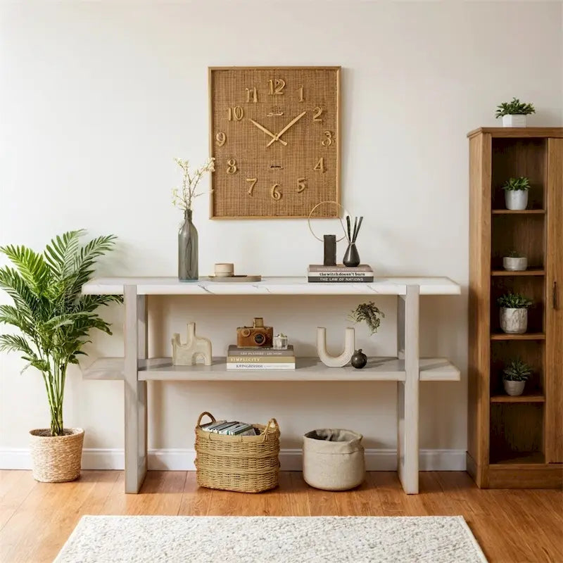 Retro Elegant Console Table with Marble-Effect Top & Versatile Storage