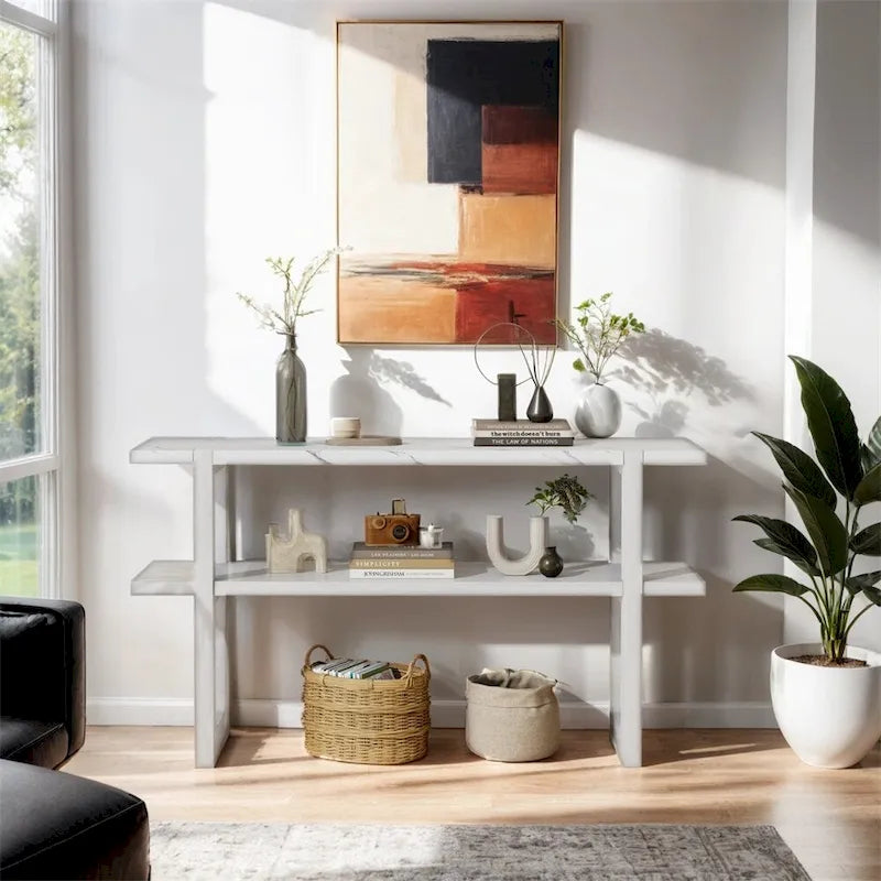 Console rétro élégante avec plateau effet marbre et rangement polyvalent