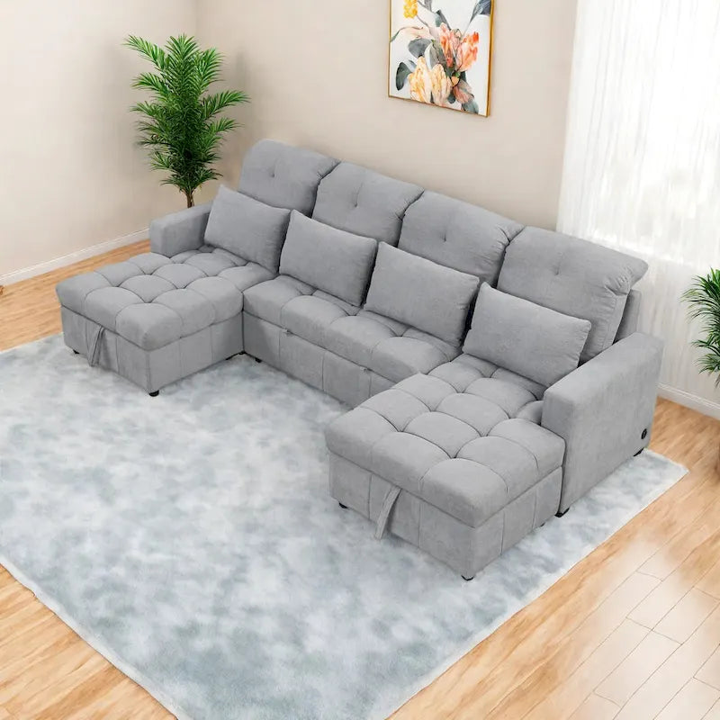 Canapé d'angle convertible surdimensionné en chenille de 110 pouces en forme de U avec lit gigogne, double méridienne de rangement et 2 ports USB