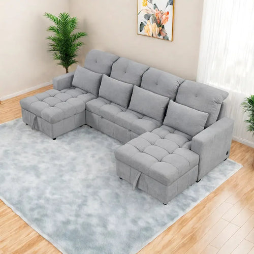 Canapé d'angle convertible surdimensionné en chenille de 110 pouces en forme de U avec lit gigogne, double méridienne de rangement et 2 ports USB