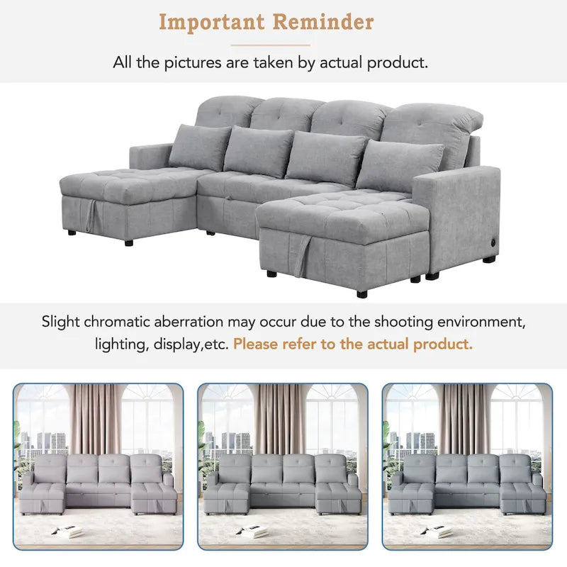 Canapé d'angle convertible surdimensionné en chenille de 110 pouces en forme de U avec lit gigogne, double méridienne de rangement et 2 ports USB