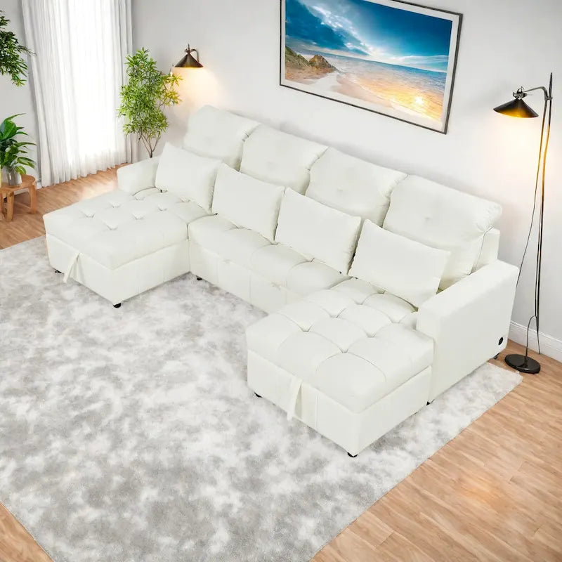 Canapé d'angle convertible surdimensionné en chenille de 110 pouces en forme de U avec lit gigogne, double méridienne de rangement et 2 ports USB