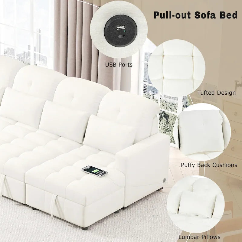 Canapé d'angle convertible surdimensionné en chenille de 110 pouces en forme de U avec lit gigogne, double méridienne de rangement et 2 ports USB