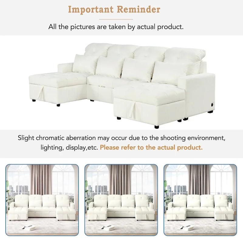 Canapé d'angle convertible surdimensionné en chenille de 110 pouces en forme de U avec lit gigogne, double méridienne de rangement et 2 ports USB