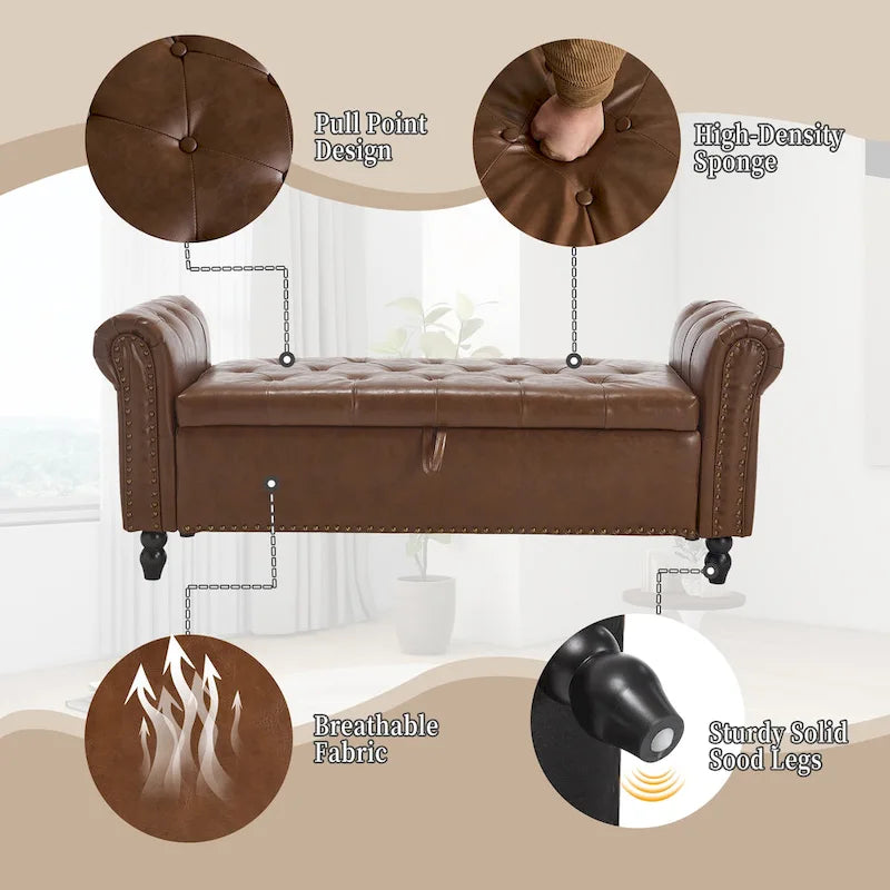 Banc coffre ottoman rembourré en tissu 55.12, design capitonné, capacité de 125 kg pour salon ou chambre