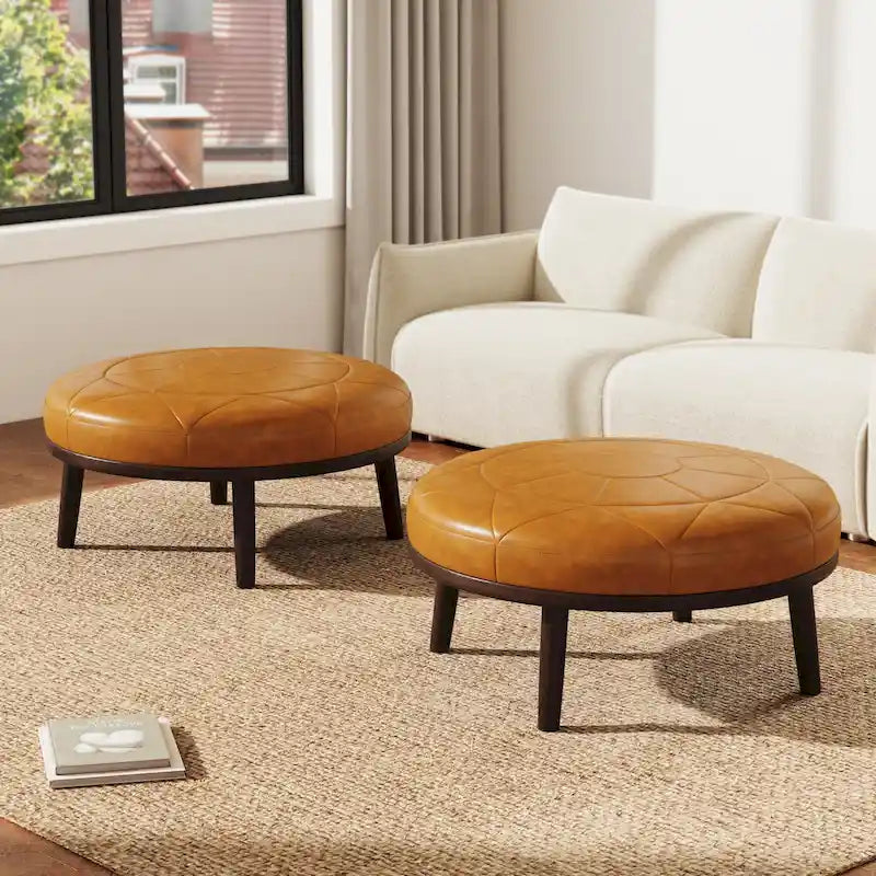 Ensemble de 2 poufs en cuir italien pleine fleur véritable de 34,5 cm de large