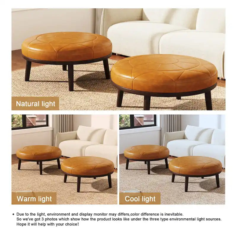 Ensemble de 2 poufs en cuir italien pleine fleur véritable de 34,5 cm de large