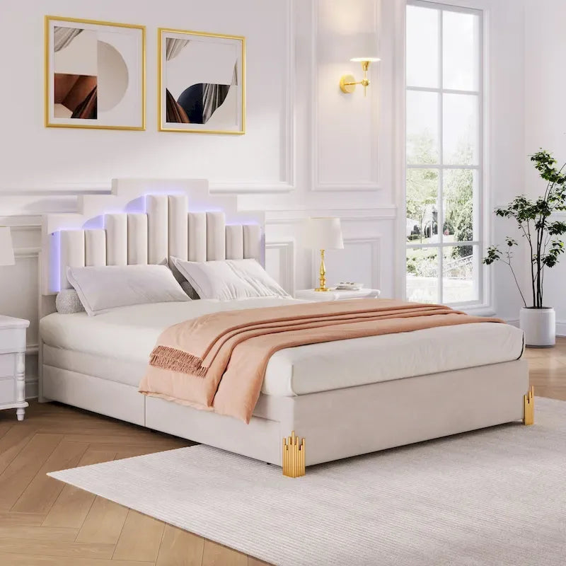 Lit plateforme rembourré beige Queen Size avec lumières et tiroirs