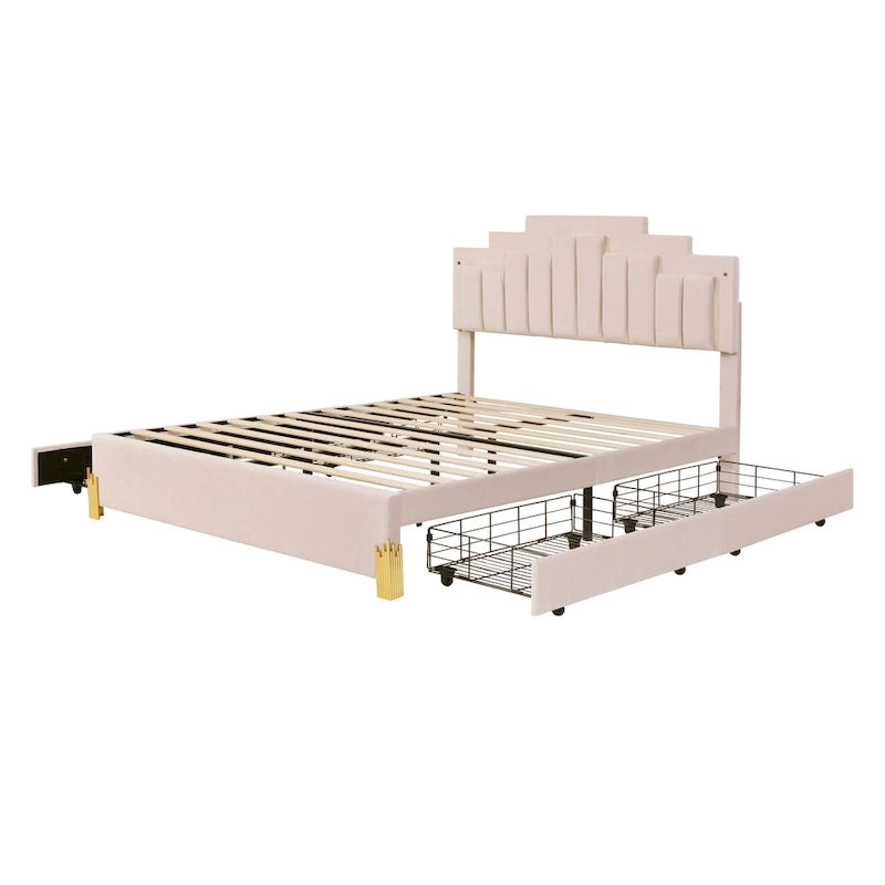 Lit plateforme rembourré beige Queen Size avec lumières et tiroirs