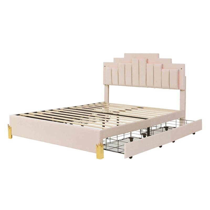 Lit plateforme rembourré beige Queen Size avec lumières et tiroirs