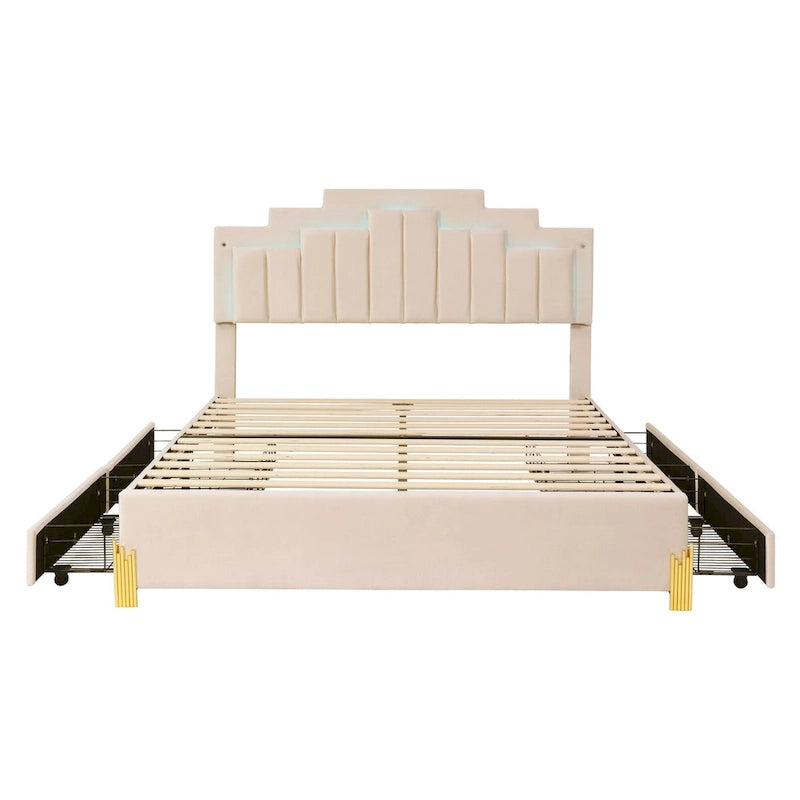 Lit plateforme rembourré beige Queen Size avec lumières et tiroirs
