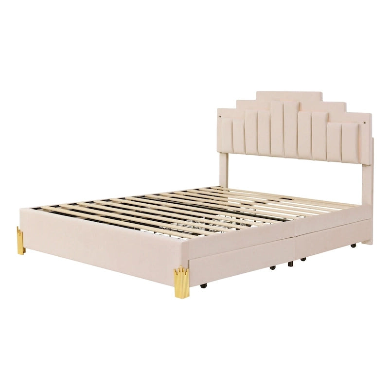 Lit plateforme rembourré beige Queen Size avec lumières et tiroirs