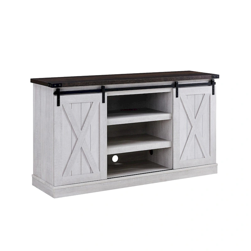 Meuble TV style ferme avec portes coulissantes de style grange, pour téléviseurs jusqu'à 60 pouces à écran plat.