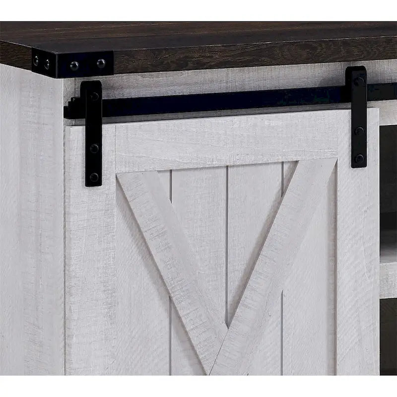 Meuble TV style ferme avec portes coulissantes de style grange, pour téléviseurs jusqu'à 60 pouces à écran plat.