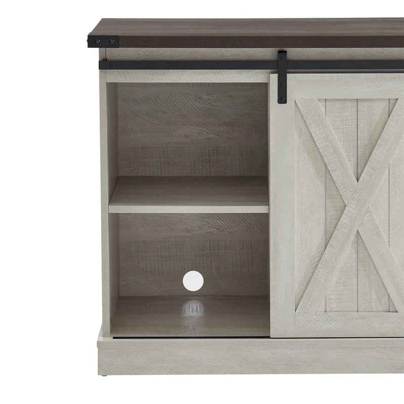 Meuble TV style ferme avec portes coulissantes de style grange, pour téléviseurs jusqu'à 60 pouces à écran plat.