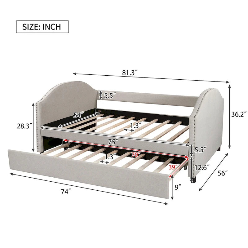 Lit de jour rembourré Nestfair pleine grandeur avec lit gigogne simple