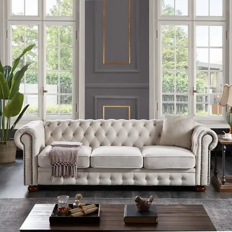 Canapé Chesterfield en tissu de lin