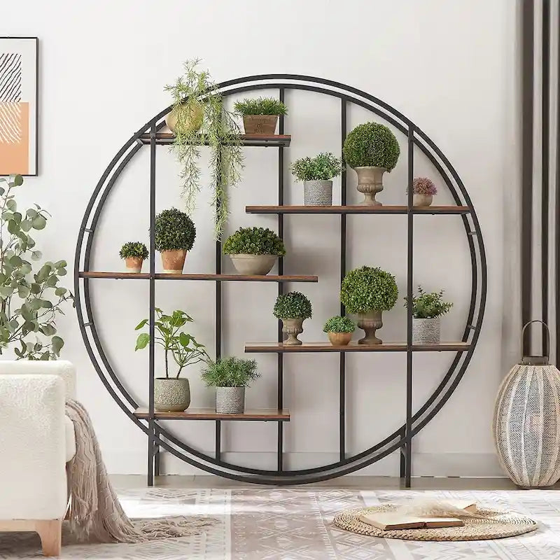 5-Tier Vintage Round Bookshelf Display Stand with Black Metal Frame