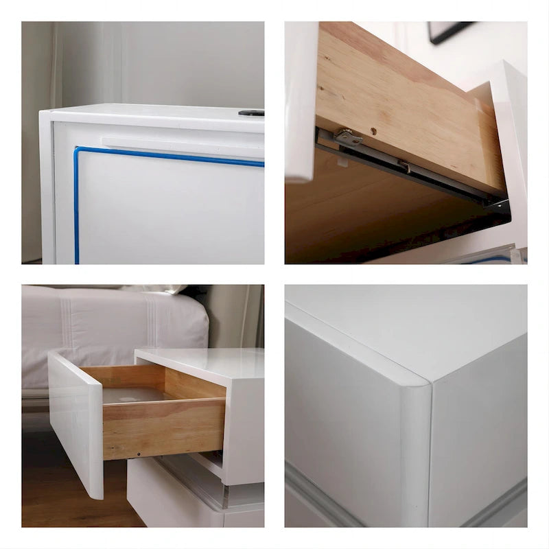 Table de chevet intelligente LED 17,72 H avec station de charge et tiroir pour chambre à coucher, coloris noir/blanc/crème