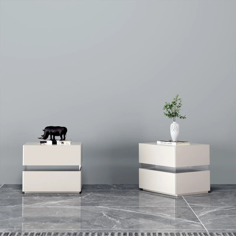 Table de chevet intelligente LED 17,72 H avec station de charge et tiroir pour chambre à coucher, coloris noir/blanc/crème