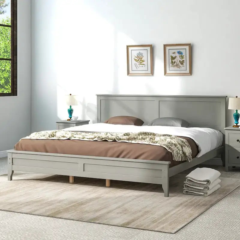 Lit plateforme king size moderne en bois massif gris