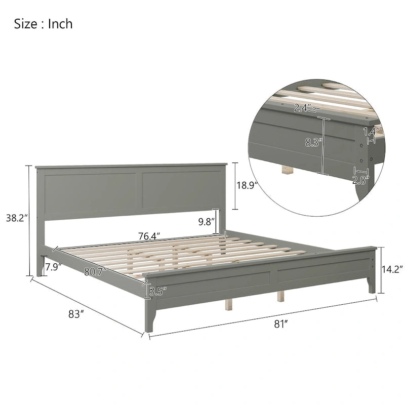 Lit plateforme king size moderne en bois massif gris