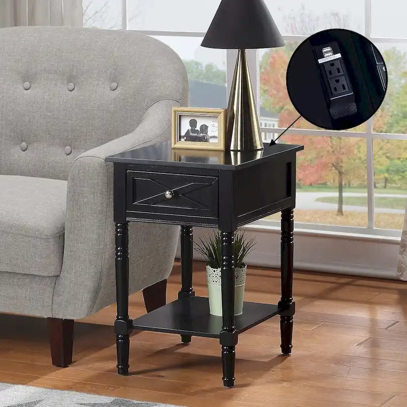 Table d'appoint Convenience Concepts Country Oxford à 1 tiroir avec station de recharge et étagère