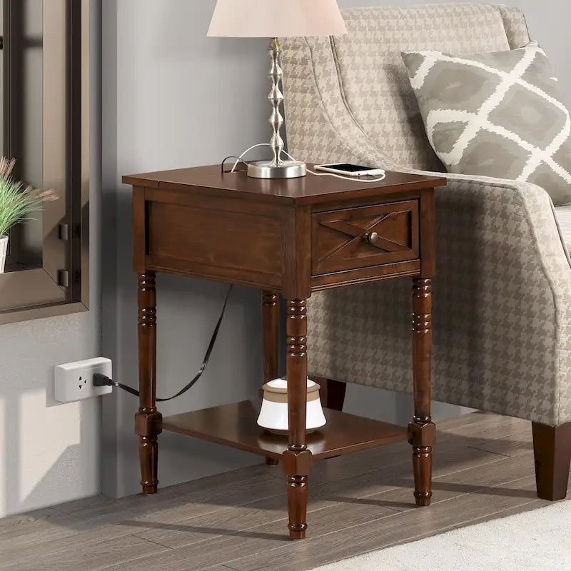Table d'appoint Convenience Concepts Country Oxford à 1 tiroir avec station de recharge et étagère