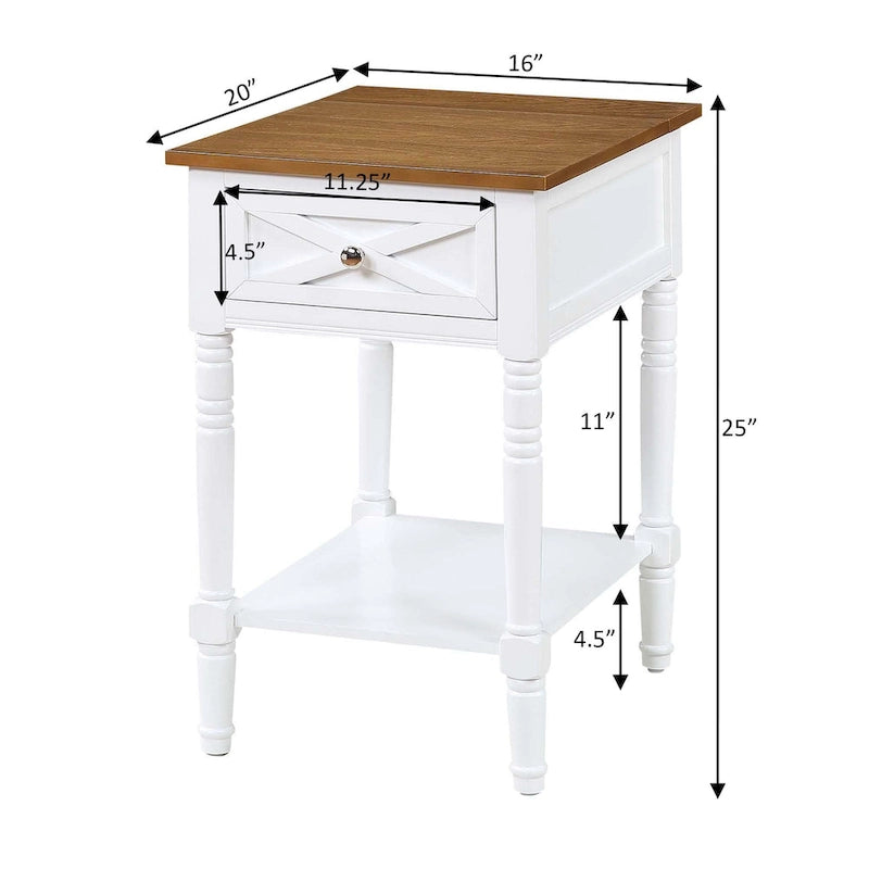 Table d'appoint Convenience Concepts Country Oxford à 1 tiroir avec station de recharge et étagère