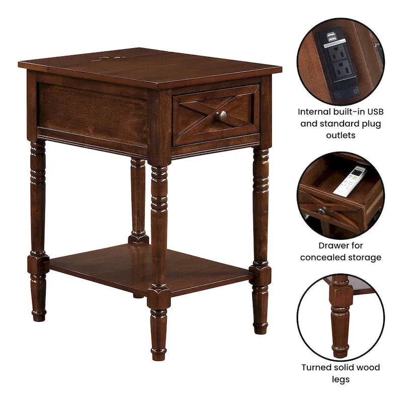Table d'appoint Convenience Concepts Country Oxford à 1 tiroir avec station de recharge et étagère