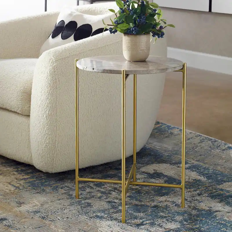 Porch & Den Gold Iron and Travertine Marble Top Accent Table