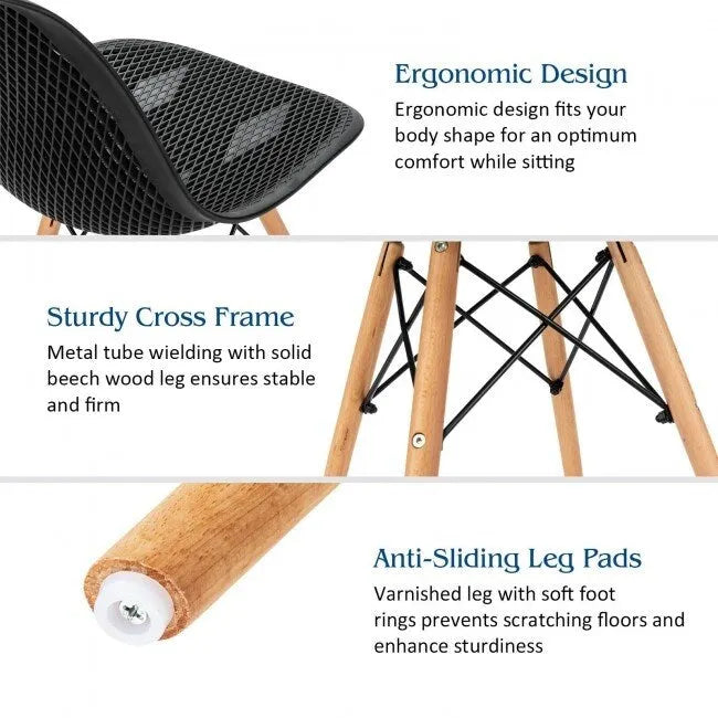 Ensemble de 4 chaises modernes creuses en plastique avec pieds en bois - 22 x 18 x 32,5 (L x l x H)