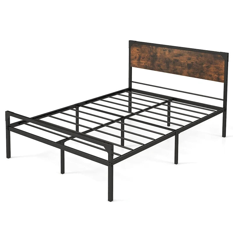 Costway Platform Full/Queen Bed with Rustic Headboard & Footboard