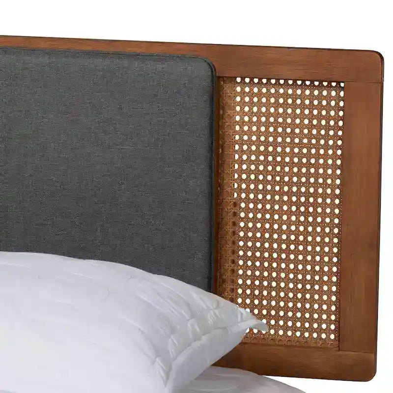 Lit plateforme Eliseo de style moderne du milieu du siècle, en tissu gris foncé et bois finition noyer brun