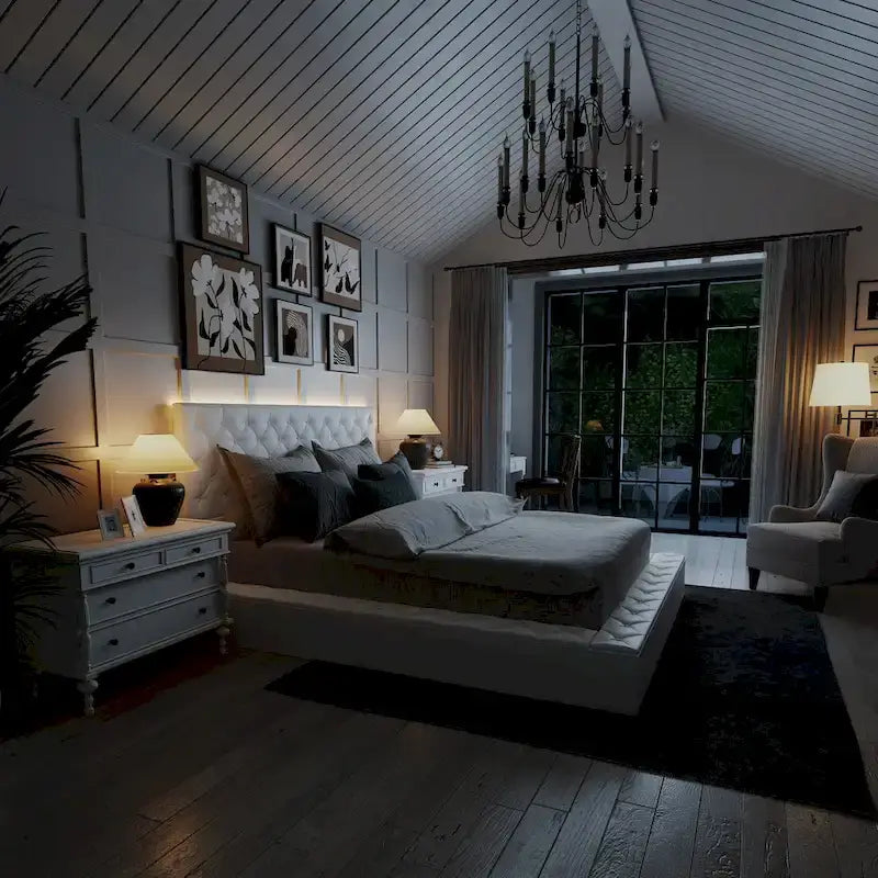 Cadre de lit design Queen/King avec éclairage d'ambiance LED et revêtement en cuir PU