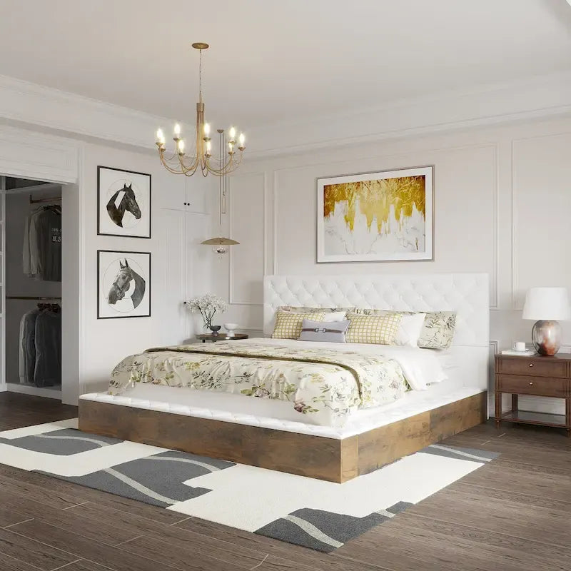 Cadre de lit design Queen/King avec éclairage d'ambiance LED et revêtement en cuir PU