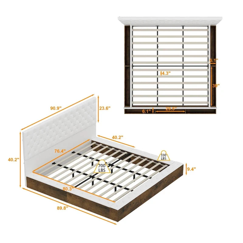 Cadre de lit design Queen/King avec éclairage d'ambiance LED et revêtement en cuir PU