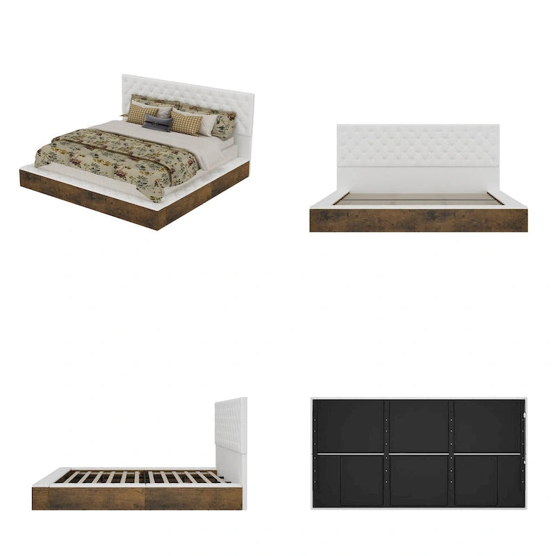 Cadre de lit design Queen/King avec éclairage d'ambiance LED et revêtement en cuir PU