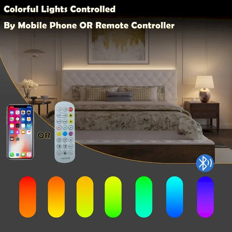 Cadre de lit design Queen/King avec éclairage d'ambiance LED et revêtement en cuir PU