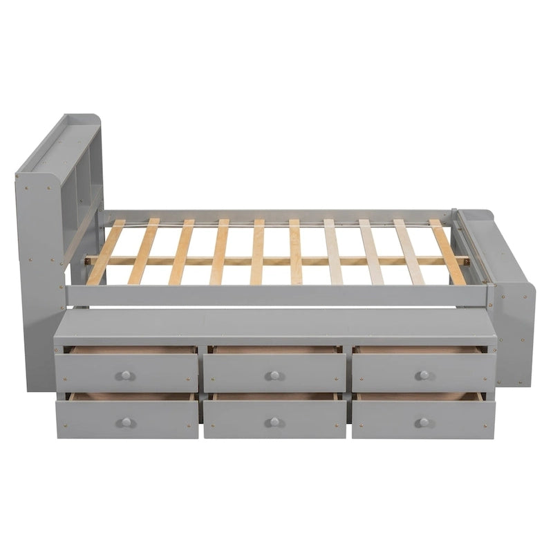 Lit double avec tête de lit bibliothèque, tiroirs de rangement sous le lit et rangement au pied du lit