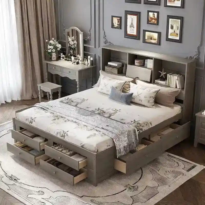 Lit plateforme King Size avec bibliothèque de rangement et 8 tiroirs