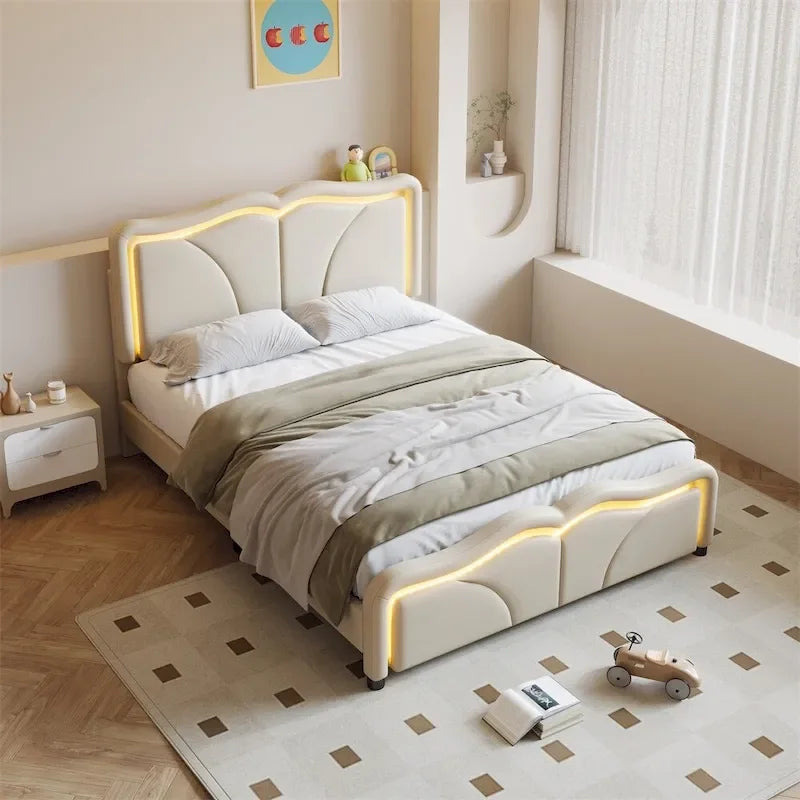 Lit plateforme rembourré avec éclairage LED et tête de lit réglable