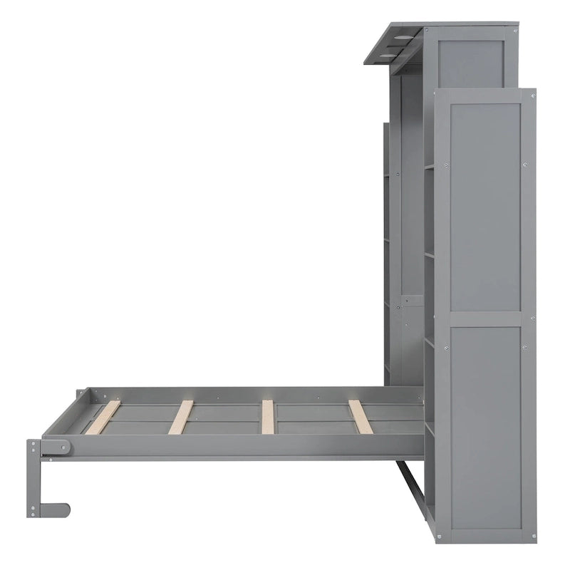 Lit escamotable mural pleine grandeur avec étagères et lumières LED, pour filles, garçons et adolescents, sans sommier requis.