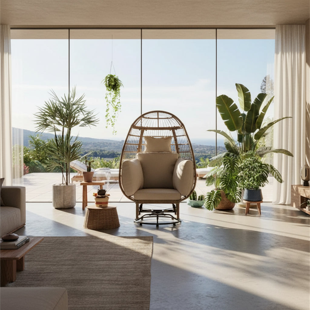 Rattan Egg Patio Swivel Chair with Cushions and Rocking Function