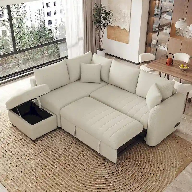 Upholstery Sleeper Sectional Sofa with Movable Storage Ottoman, L-shaped Sectional Pull Out Sofa Bed