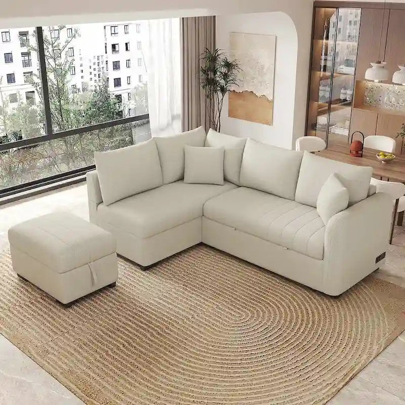 Canapé-lit d'angle rembourré avec pouf de rangement amovible, canapé-lit d'angle en forme de L