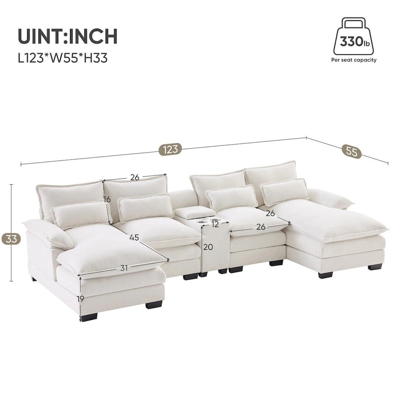 Canapé d'angle 123 x 55 cm avec console, porte-gobelets et ports USB, ensemble canapé-lit symétrique 6 places avec méridienne